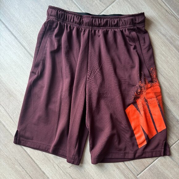 Nike Maroon Athletic Gym Shorts with Orange Swoosh Logo | Men’s Small - Picture 1 of 5